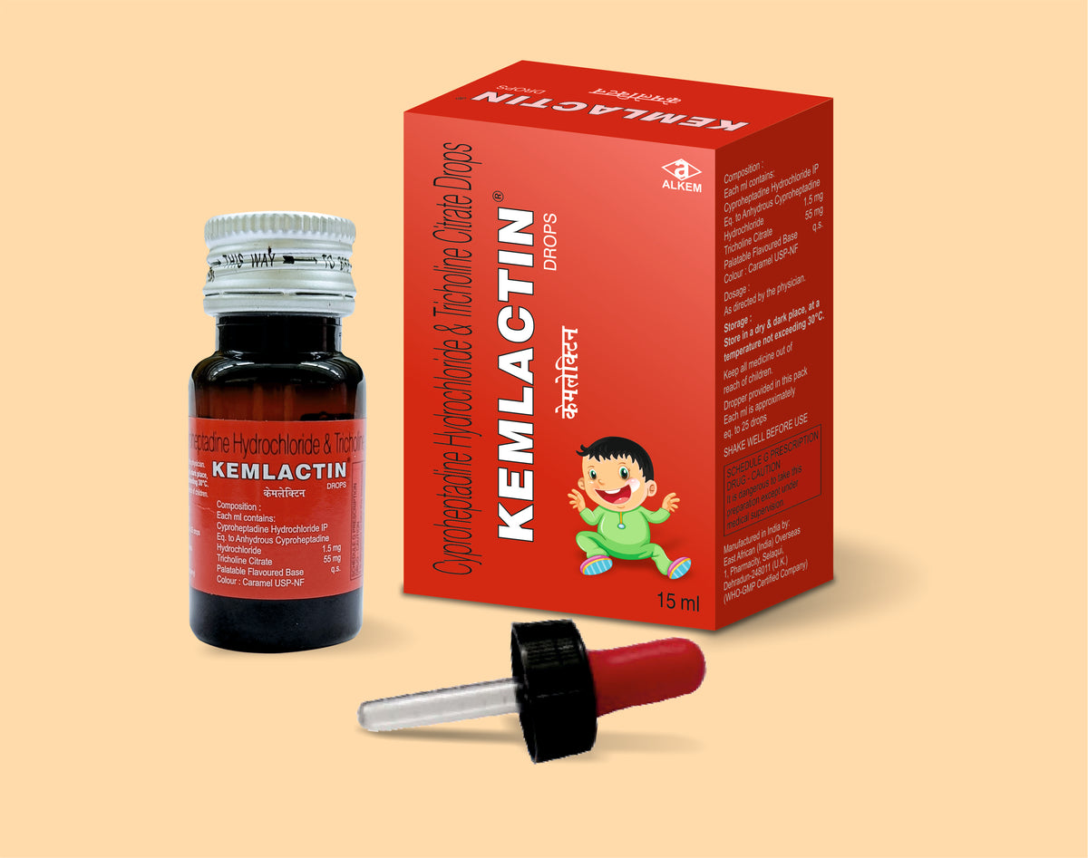 KEMLACTIN DROPS (15ML) (15 ml) Cyproheptadine Hcl 1.5 Mg + Tricholine Citrate 55 Mg by Alkem1
