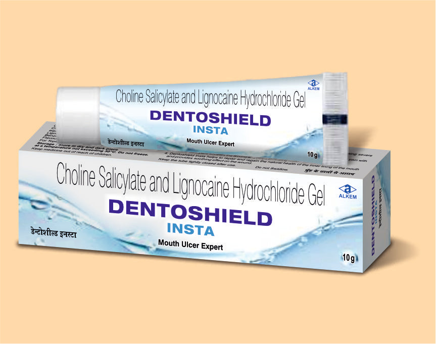 DENTOSHIELD INSTA MOUTH ULCER GEL10GM (10 gm) Choline Salicylate 8.7% W/W + Lignocaine Hcl 2% W/W + Benzalkonium Chloride 0.01% W/W by Alkem1