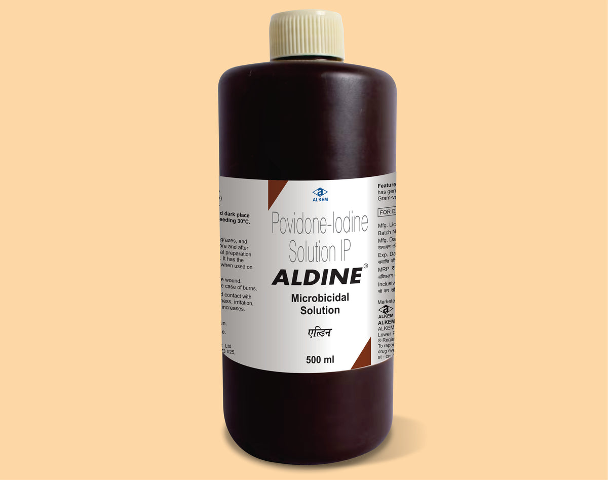 ALDINE MICROBICIDAL SOLUTION 500 ML (500 ml) Povidone Iodine 5% W/V by Alkem1