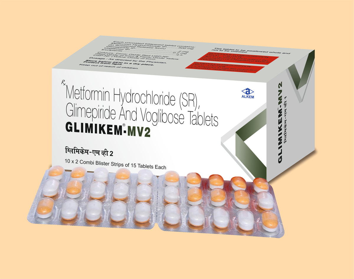 GLIMIKEM MV2 TABLETS (15’S) (15's) Glimepiride 2 Mg + Metformin 500 Mg + Voglibose 0.2 Mg by Alkem1