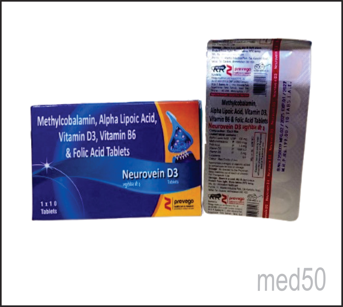Neurovien -D3 Tablet (Alpha Lipoic Acid 100 Mg+Pyridoxine Hydrochloride 3 Mg+ Folic Acid 1.5 Mg+ + Methylcobalamin 1500 Mcg)+Vitamin D3 1000.0 Iu