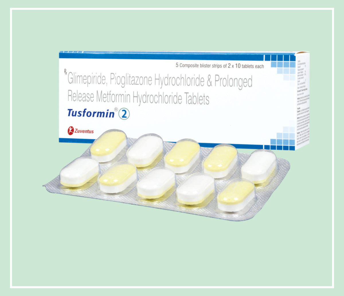 Tusformin 2 Tablet (10X1X10 T) Glimepiride 2 Mg, Pioglitazone 15 Mg, Metformin 500 Mg Er Tab By Zuventus