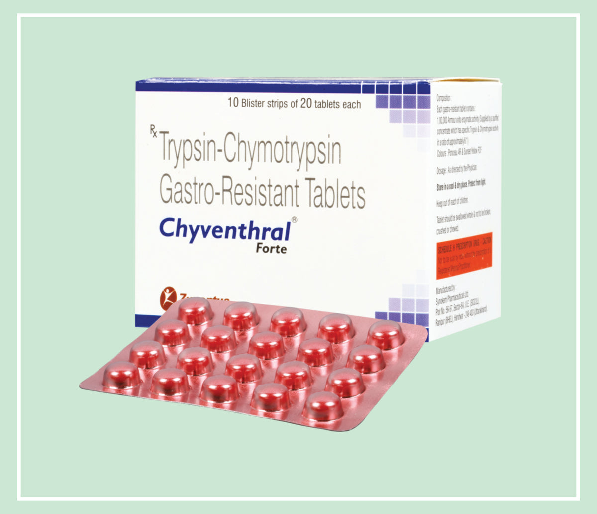 Chyventhral Forte Tablet (10X1X20 T) Trypsin, Chymotrypsin 100,000 Armour Units (6:1) Gastro-Resistant Tab By Zuventus