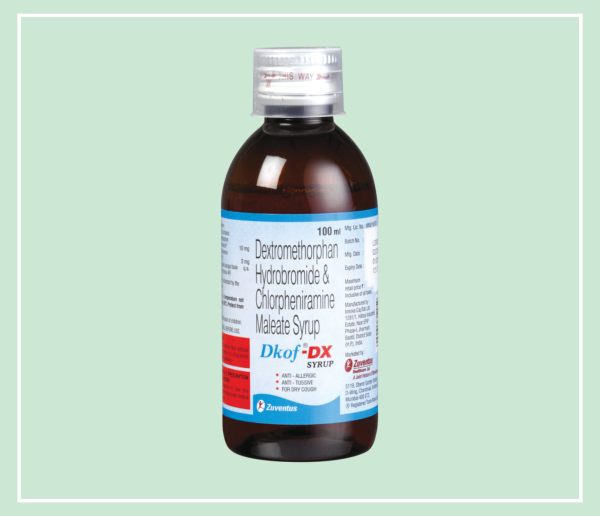 Dkof Dx Syrup (30X1X100 Ml) Dextromethorphan 10 Mg/5 Ml, Chlorpheniramine 2 Mg/5 Ml Syr By Zuventus