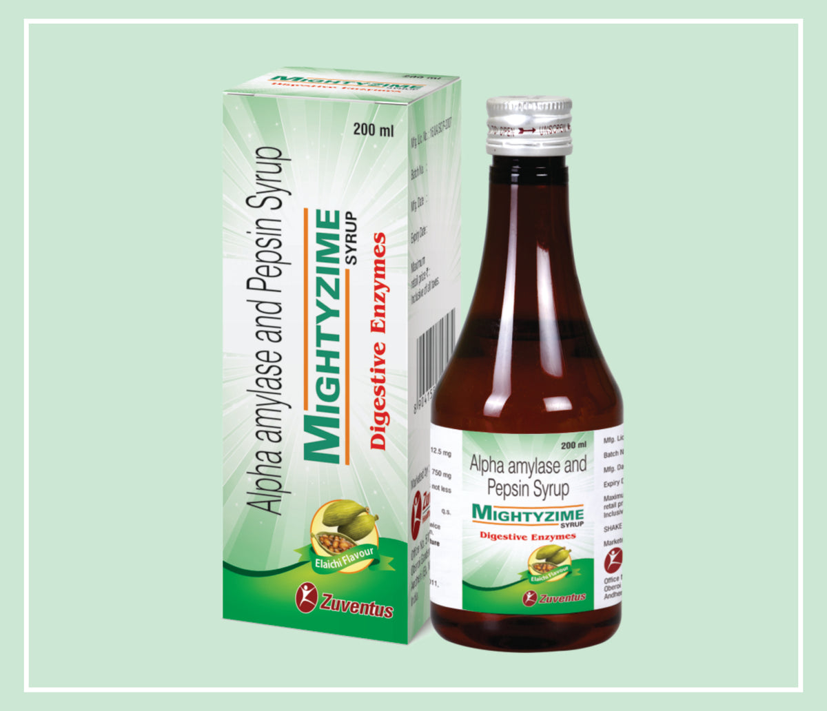 Mightyzime Syrup 200 Ml (1X1X200 Ml) Pepsin 12.5 Mg/5 Ml, Alpha Amylase 750 Mg/5 Ml Syr By Zuventus