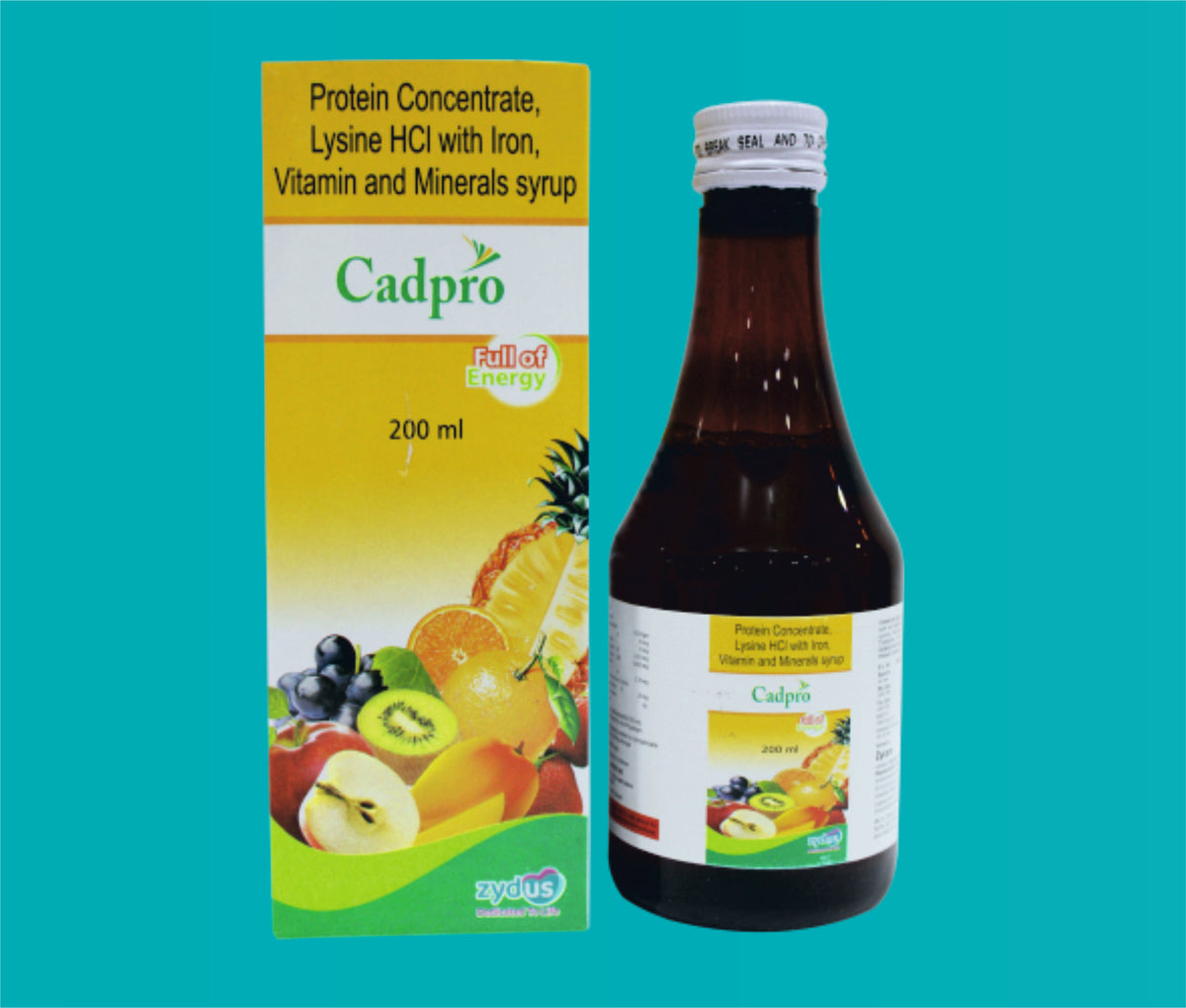 Cadpro Syp. (200ml.)Protein Hydrolysate 0.333 G + Carbohydrate 3 G + Niacinamide 10 Mg + Iron Choline Citrate 15 Mg + Magnesium 3.333 Mg + Manganese 0.033 Mg + Zinc 0.600 Mg + Lysine 20 Mg by Zydus