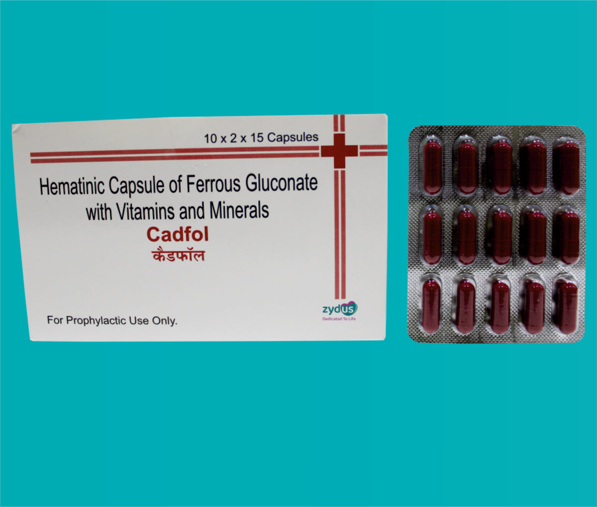 Cadfol Cap (20X15)Iron 259 Mg + Vitamin B12 1 Mcg + Folic Acid 0.3 Mg + Calcium 100 Mg + Zinc 33 Mg by Zydus