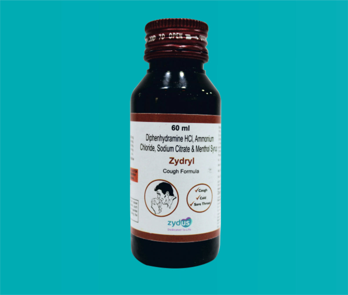 Zydryl Syp (60ml.)Diphenhydramine 14.08 Mg + Ammonium Chloride 138 Mg + Sodium Citrate 57.03 Mg + Menthol 1.14 Mg by Zydus