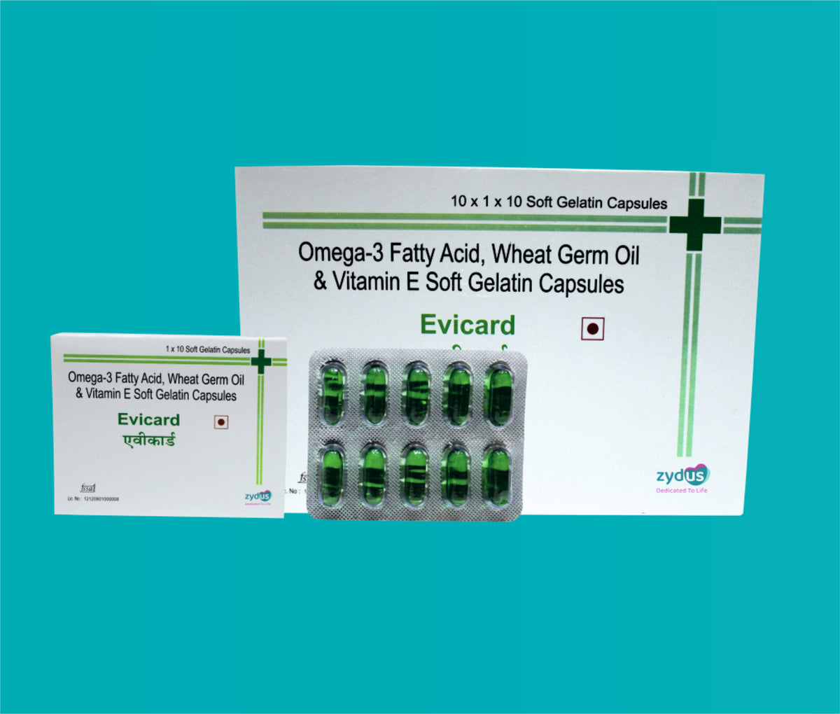 Evicard Capsule (10x1x10)Omega-3 Fatty Acids 30 Mg + Wheat Germ Oil 100 Mg + Vitamin E 10 Iu by Zydus