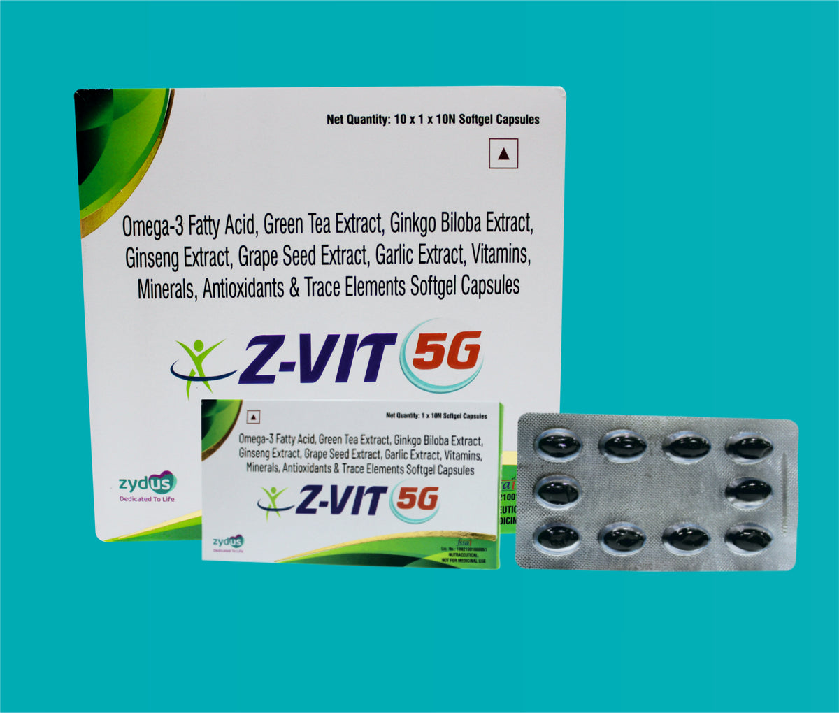 Z- Vit 5 G Capsule (10x1x10)Omega 3 Fatty Acid, Green Tea Extract,
Gingko Biloba Extract , Ginseng Extract , Grape Seed Extract, Garlic Extract, Vitamins, Minerals, Antioxidants Etc. by Zydus