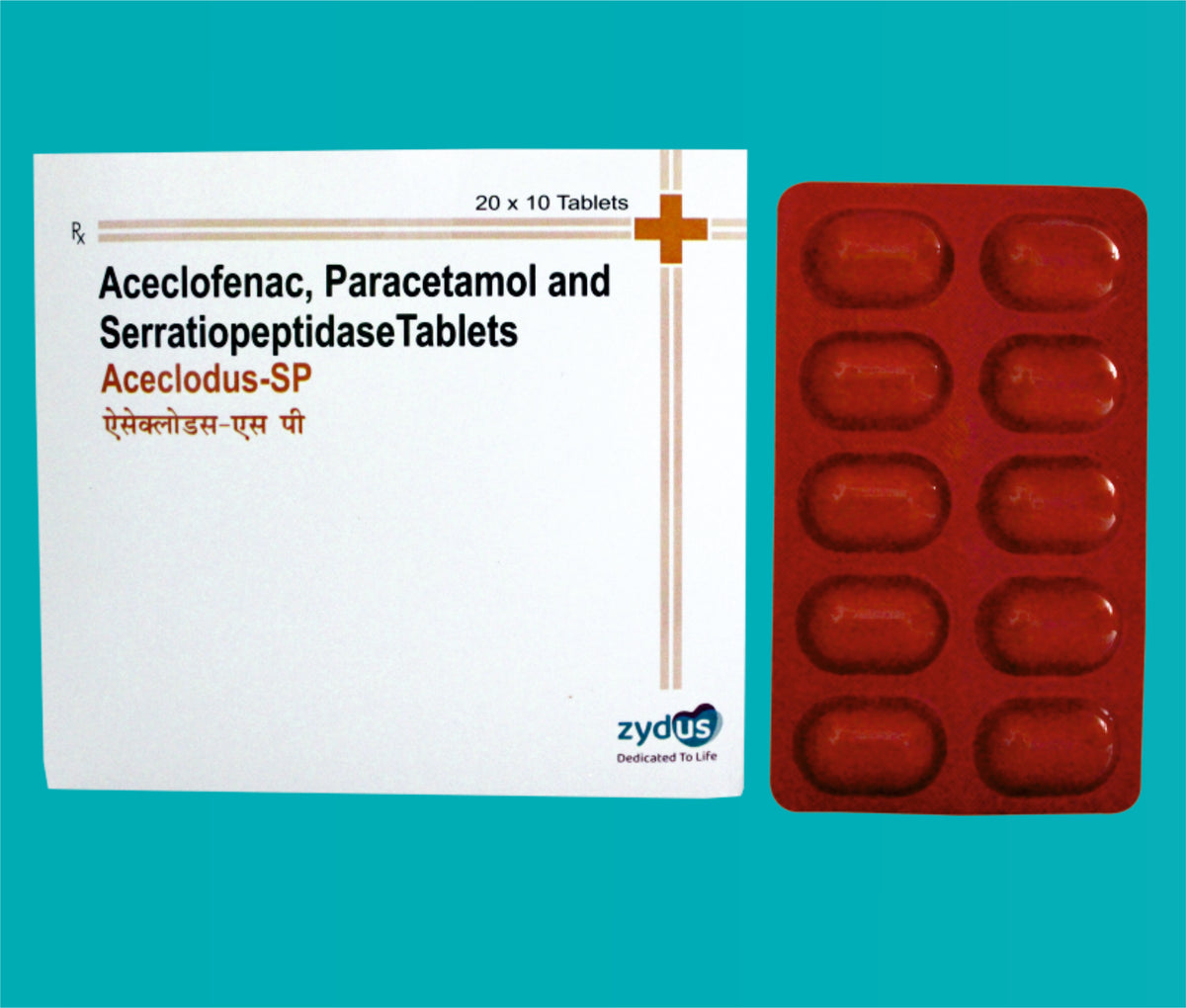 Aceclodus -SP Tabs.
(Orange PVC).
(20x10)Aceclofenac 100 Mg + Paracetamol 325 Mg + Serratiopeptidase 15 Mg by Zydus