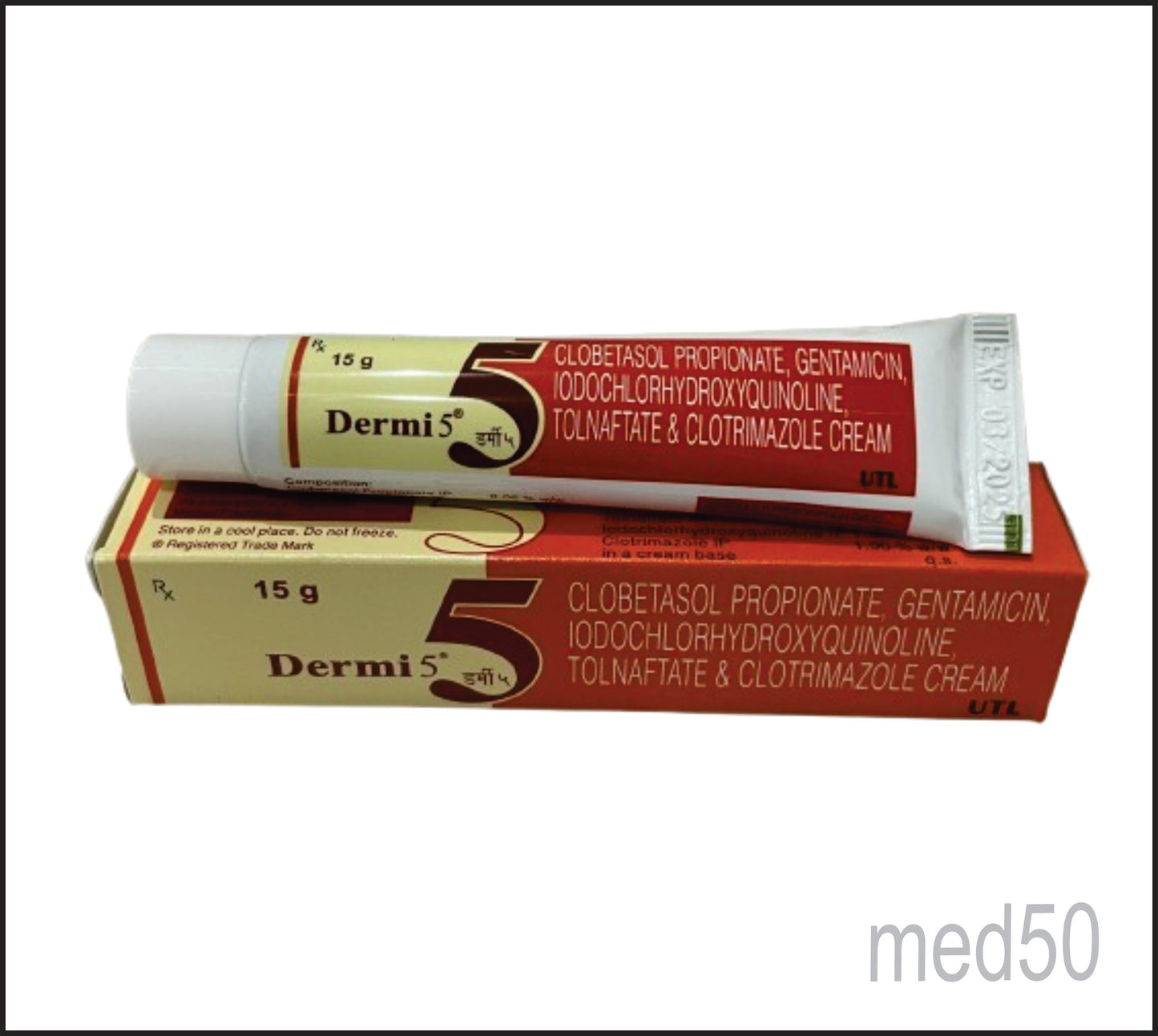 Dermi 5 Cream (Clobetasol Propionate 0.05 %W/W+Clotrimazole 1.0 %W/W+Gentamicin 0.1 %W/W+Iodochlorhydroxyquinoline 1.0 %W/W+Tolnaftate 1.0 %W/W)