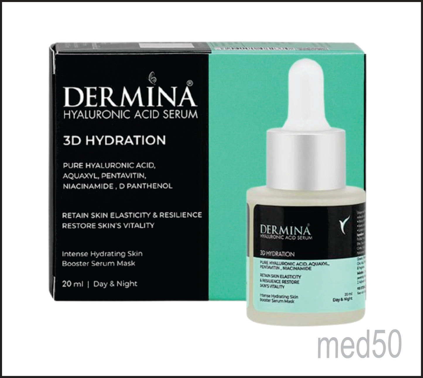 Dermina Hyluronic Acid Serum (Sodium Hyaluronate (AAK)0.5%, Aquaxyl 1.0%, Pentavitin 2.0%, Niacinamide 2.0%, Dexapanthenol 0.5%, Green Tea Extract 0.2%, Carrot Extract 0.2%)