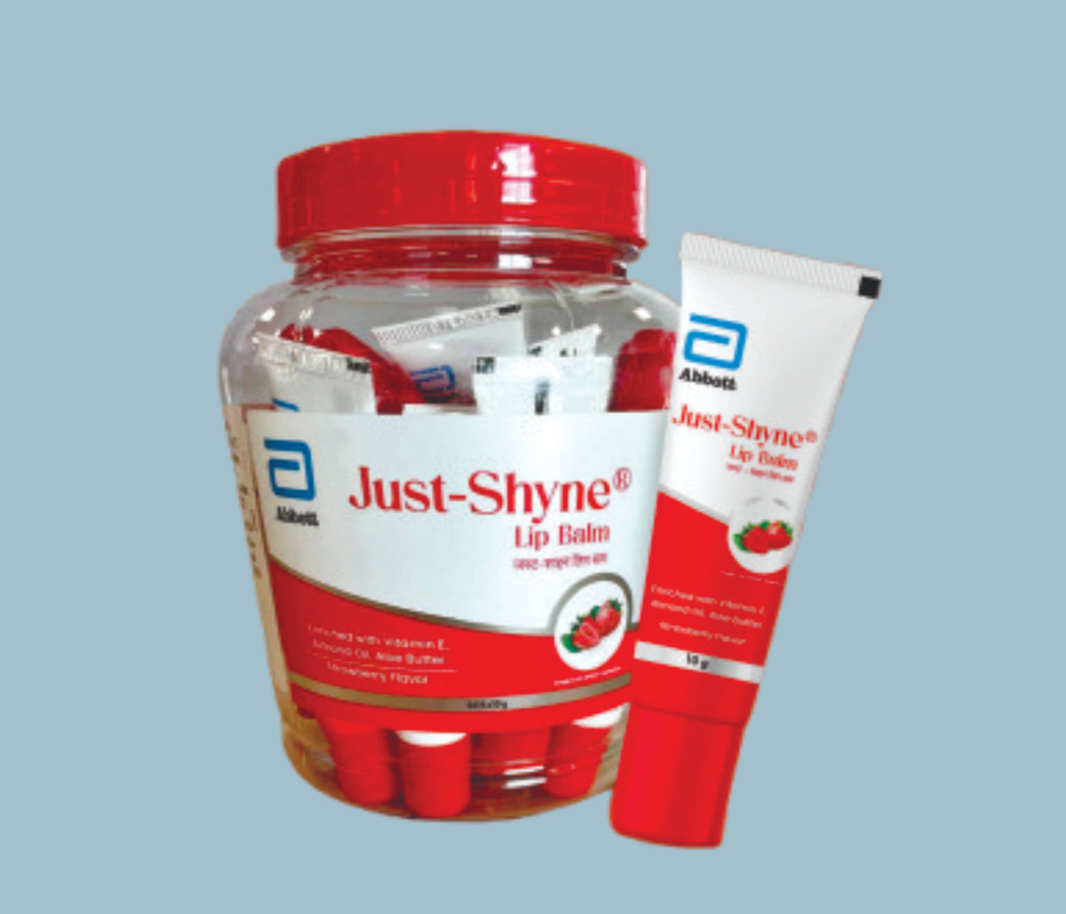 Just - Shyne Lip Balm (Strawberry Flavor) (12x24x10gm) Vitamin E, Almond Oil, Aloe Butter Lip Balm by Abbott