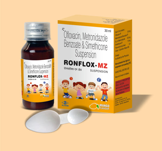 Ronflox-Mz Suspension (30Ml) 30 mlOfloxacin Ip 50 Mg + Metronidazole Benzoate Ip Eq. To Metronidazole 120 Mg + Simethicone Ip 10 Mg / 5 Ml by Alkem
