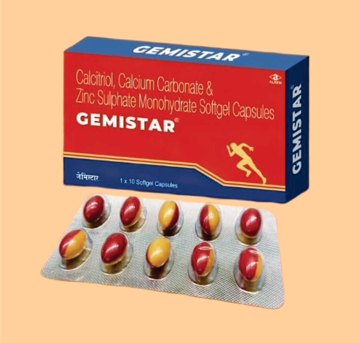 Gemistar Capsules (10'S) (10'S) Calcitriol 0.25 Mcg + Calcium Carbonate 500 Mg + Zinc 7.5 Mg By Alkem