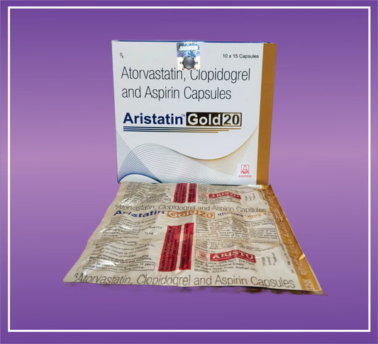 Aristatin Gold 20mg (10x15) Atorvastatin 20mg + Clopidogrel 75Gm + Aspirin 75mg by Aristo