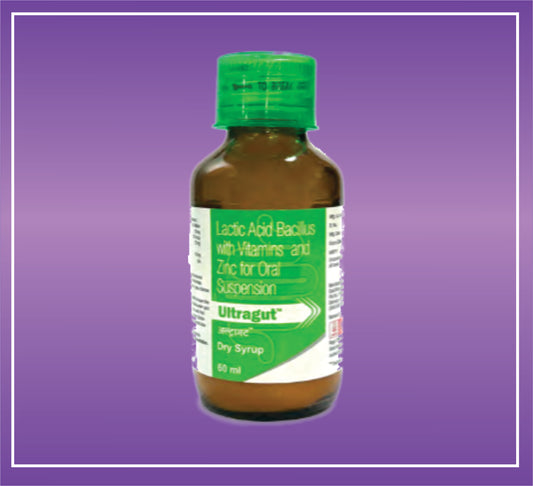 Ultragut Dry Syrup (60ml) Lactic Acid Bacillus (40x10^6 spores) Folic acid 100mcg + Vitamin B6 (1.5mg) Niacinamide 15mg + Zinc Sulphate Monohydrate 5mg by Aristo