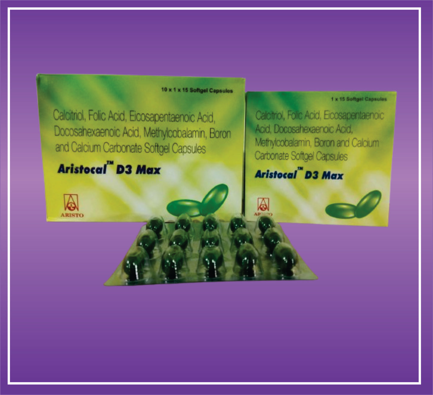 Aristocal D3 Max (Calcitriol (0.25mcg) + Calcium Carbonate (1250mg eq to 500mg cal) Omega-3 fatty acid (300mg) + Methylcobalamin (1500mcg) + Folic Acid (400mcg) + Boron (1.5mg) + Softgel Gelatin Capsules)