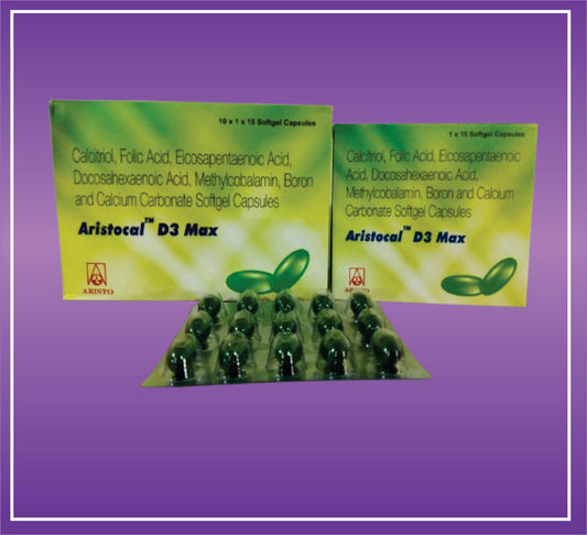 Aristocal D3 Max (Calcitriol (0.25mcg) + Calcium Carbonate (1250mg eq to 500mg cal) Omega-3 fatty acid (300mg) + Methylcobalamin (1500mcg) + Folic Acid (400mcg) + Boron (1.5mg) + Softgel Gelatin Capsules)