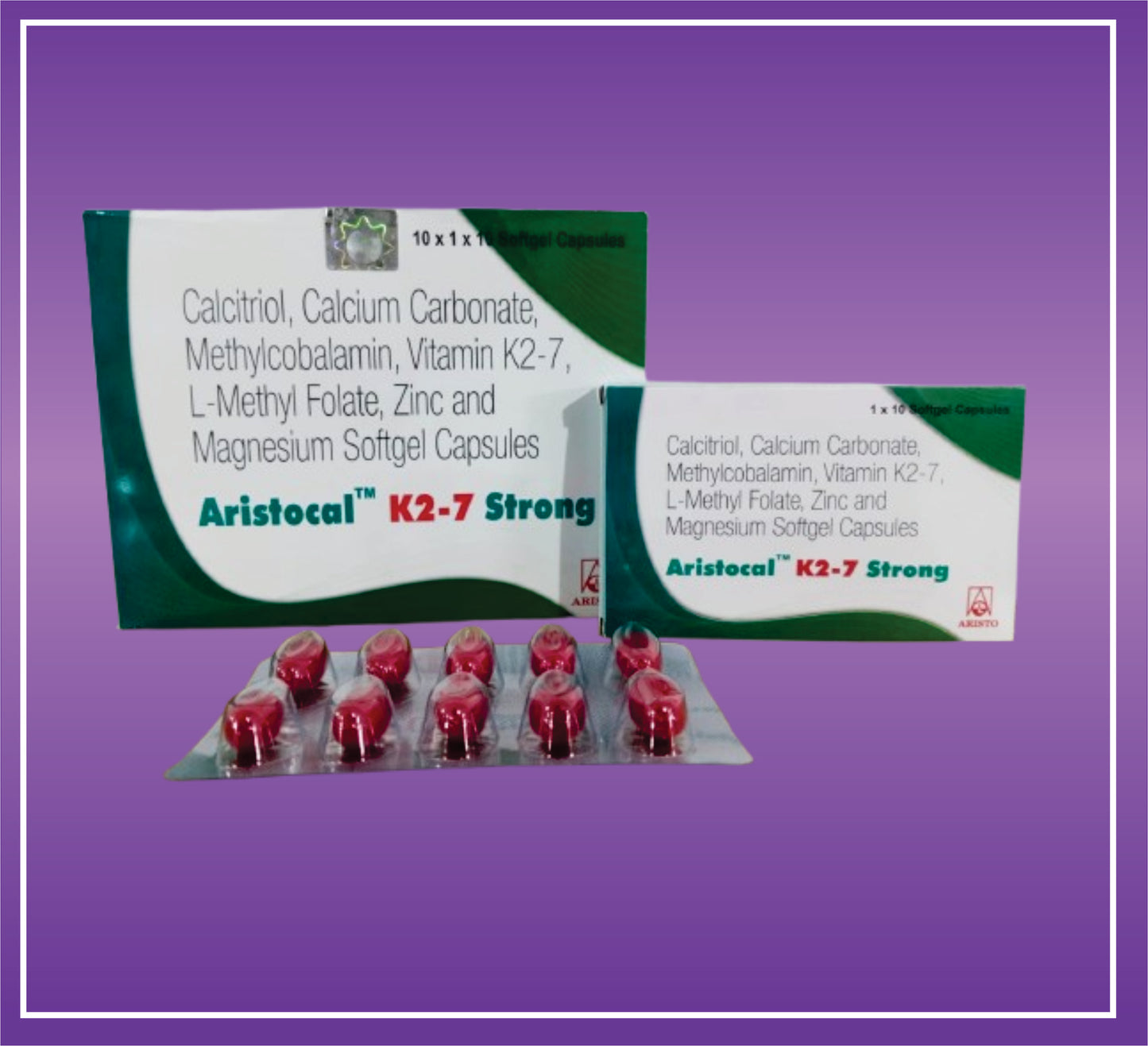 Aristocal K2-7 Strong Caps (10x1x10) Calcitriol (0.25mcg) + Calcium Carbonate (1250mg) Vitamin K27 (45mcg) + Mecobalamin (1500mcg) Zinc (7.5mg) + Magnesium (50mg) + L-Methyl Folate (800mcg) + Softgel Gelatin Capsules