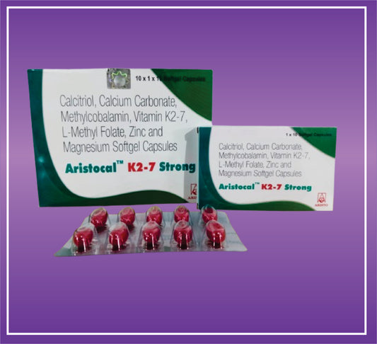 Aristocal K2-7 Strong Caps (10x1x10) Calcitriol (0.25mcg) + Calcium Carbonate (1250mg) Vitamin K27 (45mcg) + Mecobalamin (1500mcg) Zinc (7.5mg) + Magnesium (50mg) + L-Methyl Folate (800mcg) + Softgel Gelatin Capsules
