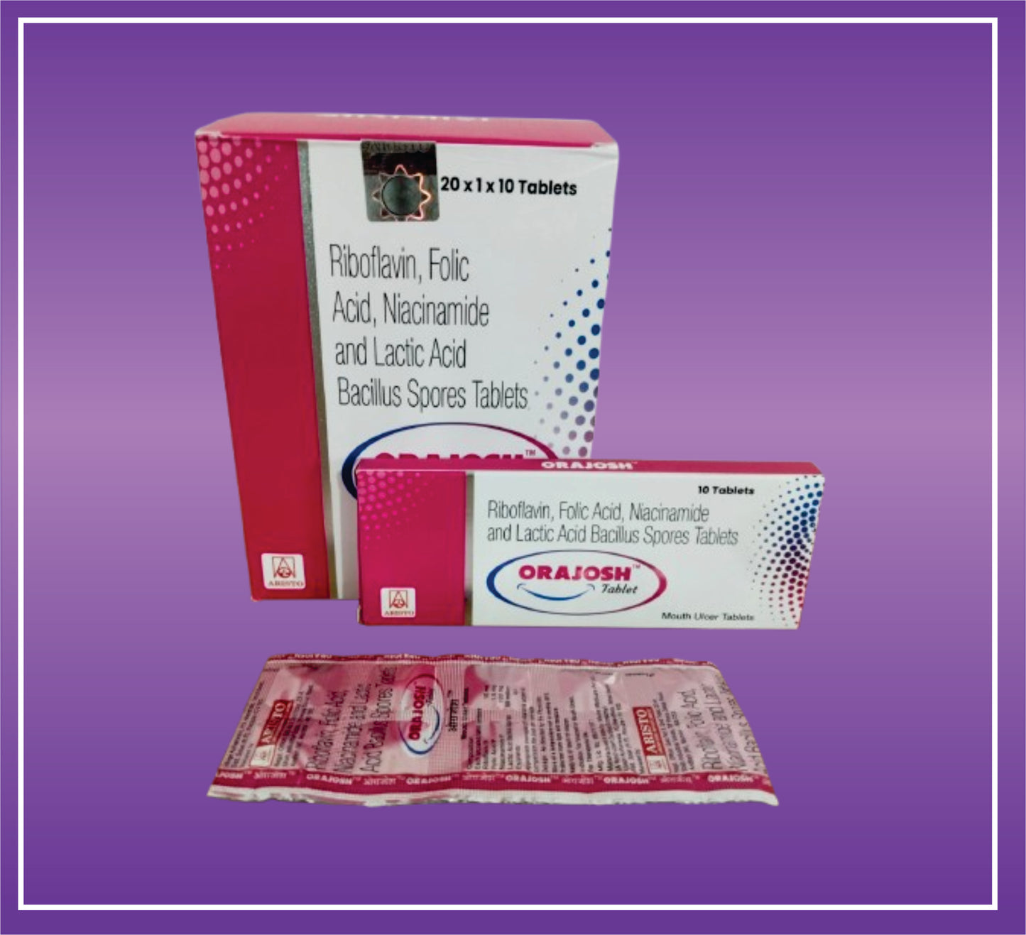 Orajosh Tab (10x1x10) Riboflavin 10mg + Folic Acid 1.5mg + Niacinamide 100mg + Lactic Acid bacillus spores 60 million
