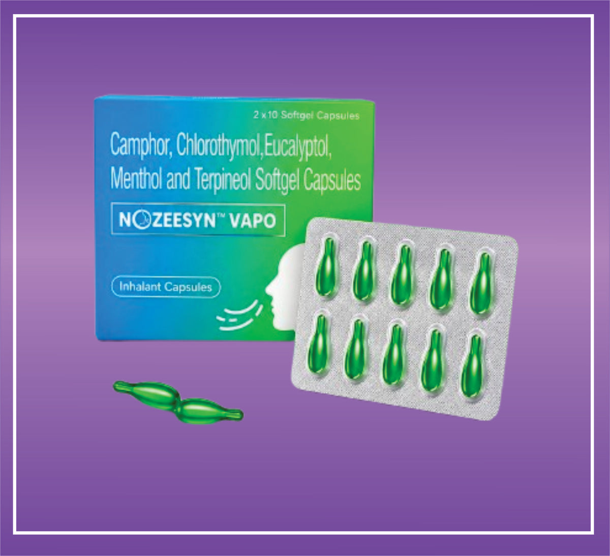 Nozeesyn Vapo Inhalant Capsules  (10x2x10) Capmphor25 mg Chlorothymol 5 mg Eucalyptol 125mg Menthol 55mg Terpeniol 120mg by Aristo