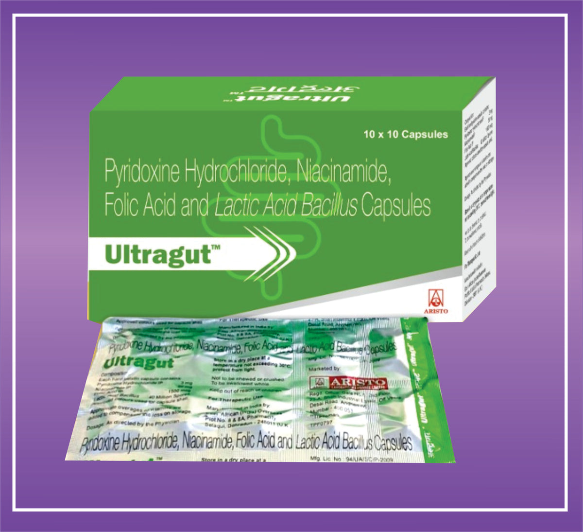Ultragut Capsule (10x10) Pyridoxine Hydrochloride 3mg Niacinamide 50mg Folic Acid 1500mcg Bacillus 40Million Spores by Aristo