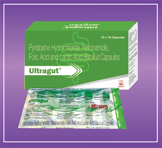 Ultragut Capsule (10x10) Pyridoxine Hydrochloride 3mg Niacinamide 50mg Folic Acid 1500mcg Bacillus 40Million Spores by Aristo