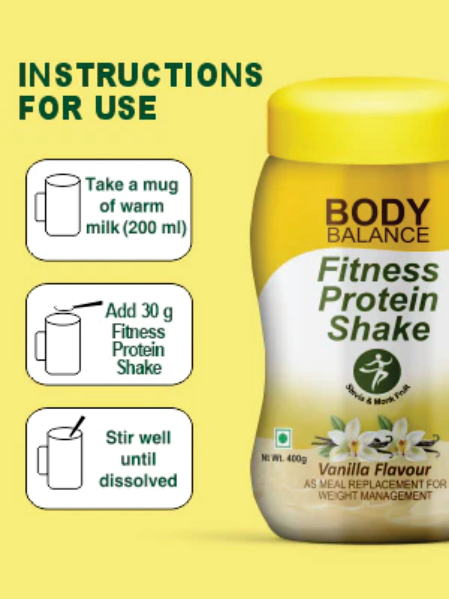 FITNESS PROTEIN SHAKE (VANILA) 400 g (Meal Replacement Formula-Soy Protein Isolate, Inulin (Fiber), BCAAs, Lactic Acid Bacillus, Garcinia Cambogia, Green Tea Extract, Vitamins and Minerals)