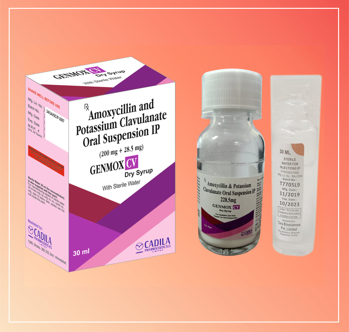 Genmox Cv Dry Syrup With Wfi (30 Ml) Amoxycillin 200 Mg + Clavulanic Acid 28.5 Mg By Cadila
