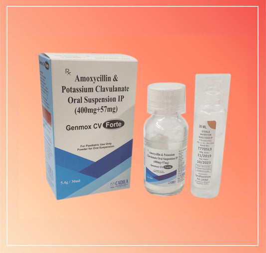 Genmox Cv Forte Suspension With Wfi (30 Ml) Amoxycillin 400 Mg + Clavulanic Acid 57 Mg By Cadila