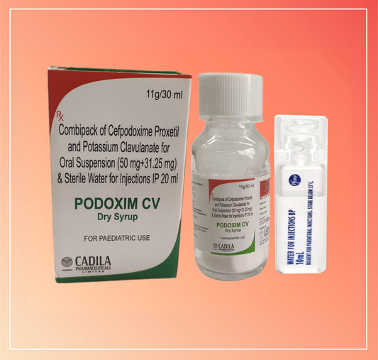 Podoxim Cv Dry Suspension With Wfi (30 Ml) Cefpodoxime 50 Mg + Pottassium Clavulante 31.25 Mg/5Ml Dry Syp By Cadila