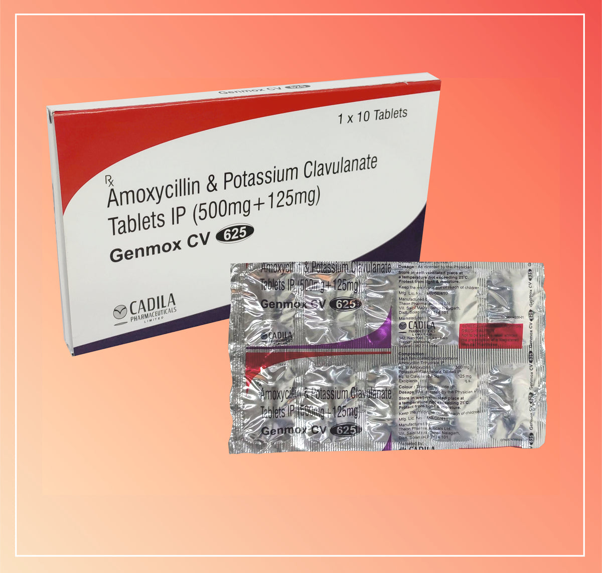 Genmox Cv 625 Tab 10'S   (10X10 T) Amoxycillin 500 Mg + Clavulanic Acid 125 Mg By Cadila