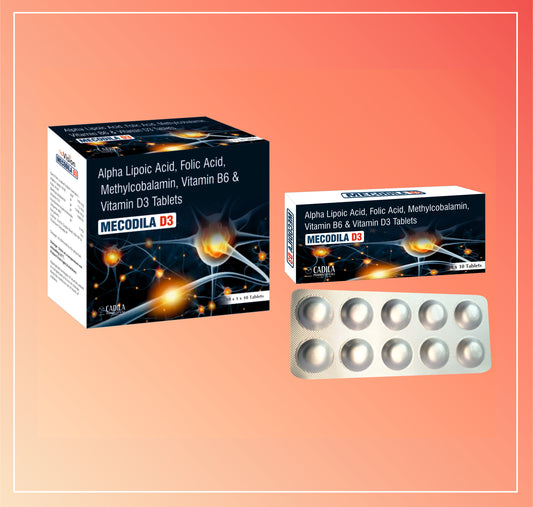 MECODILA D3 TAB 10X10 T (Alpha Lipoic Acid, Folic Acid, Methylcobalamin, Vit B6 and Vit D3 Tab)