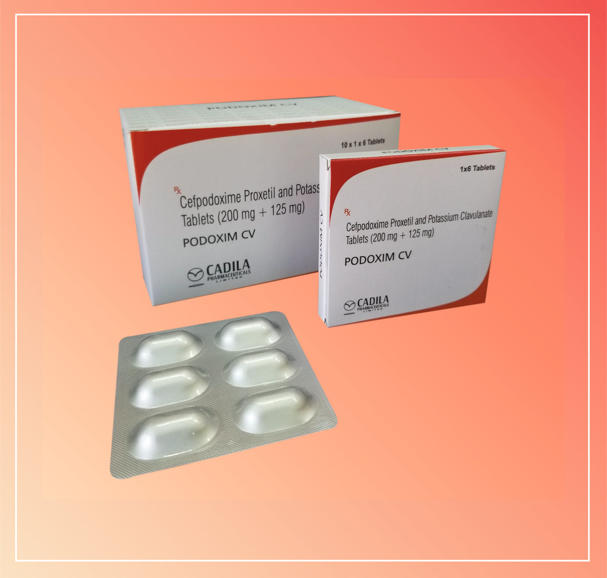 Podoxim Cv 6 Tab (10X1X6 T) Cefpodoxime 200 Mg & Potassium Clavulanate 125 Mg (Alu-Alu) By Cadila