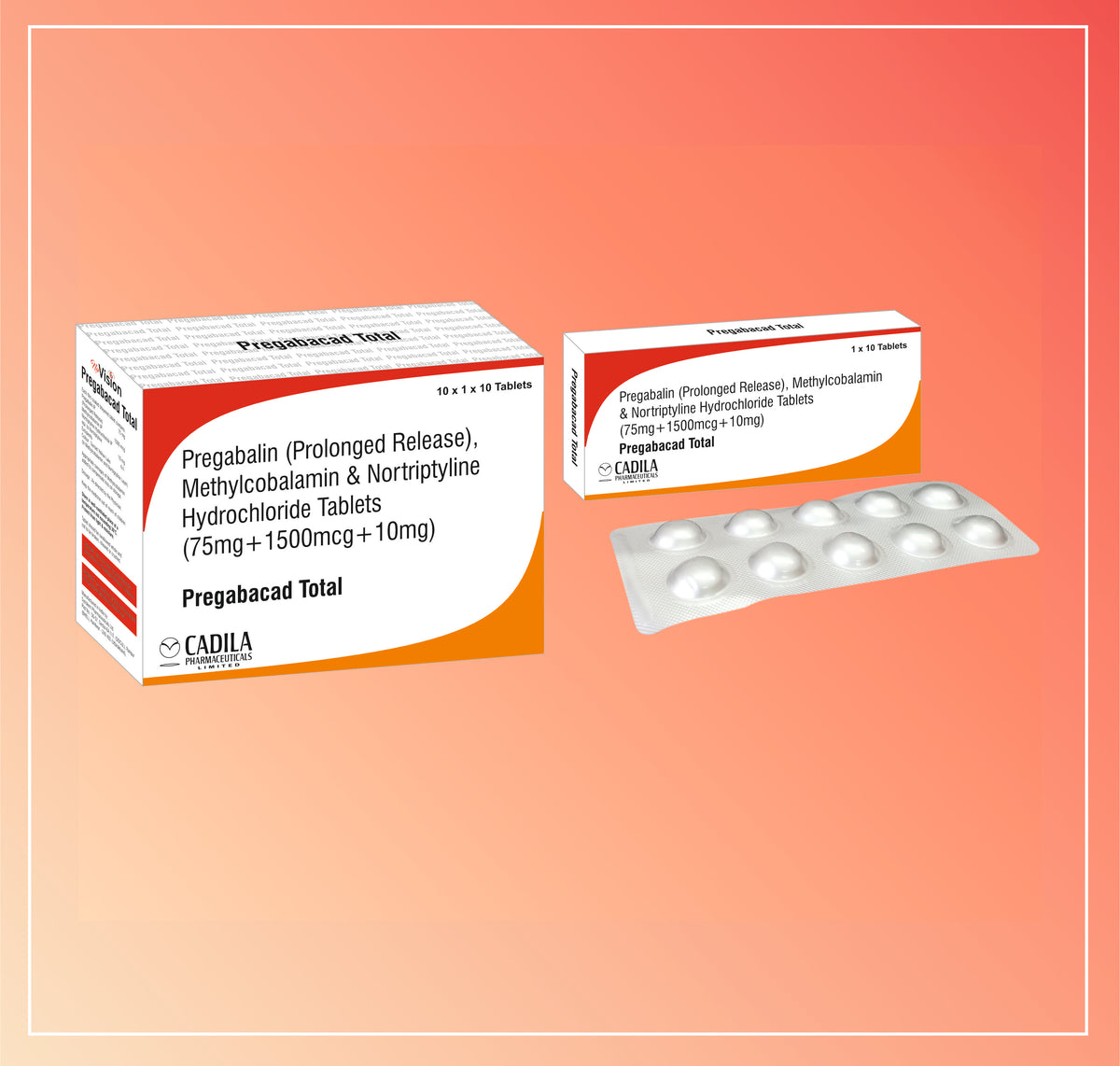 Pregabacad Total Tab (10X10 T) Pregabalin 75Mg Sustained Release + Mecobalamin 1500 Mcg + Nortriptyline 10Mg  Tablets By Cadila