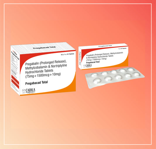 Pregabacad Total Tab (10X10 T) Pregabalin 75Mg Sustained Release + Mecobalamin 1500 Mcg + Nortriptyline 10Mg  Tablets By Cadila