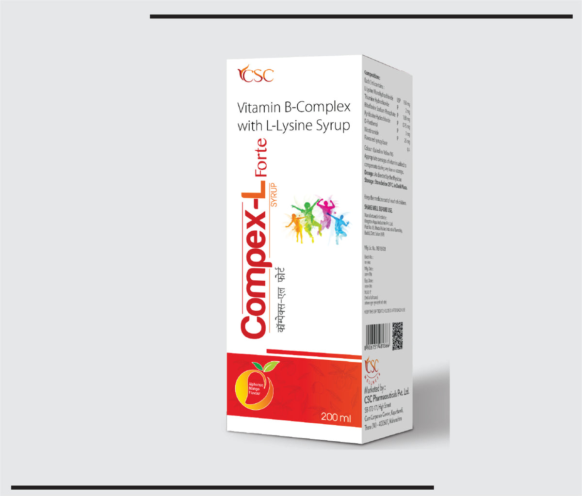 Compex L Forte (200ml) L-Lysine Monohydrochloride 150 mg + Thiamine Hydrochloride 2 mg + Riboflavine Sodium Phosphate 1.80 mg + Pyridoxine Hydrochloride 0.75 mg + D-Panthenol 3 mg + Nicotinamide 25 mg by Csc