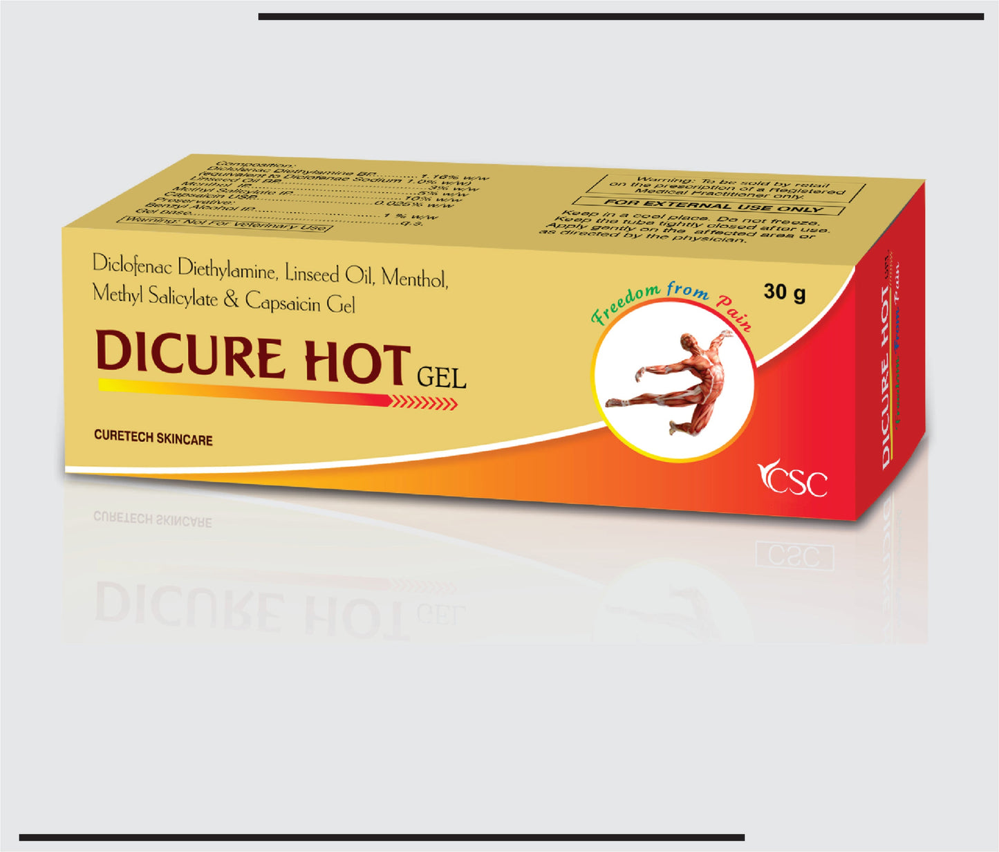 Dicure Hot Gel (Diclofenac Sodium 1.00% w/w + Virgin Linseed Oil 3.00% w/w + Capsaicin 0.025% w/w +  Methyl Salicylate 10.00% w/w and Menthol 5.00% w/w)