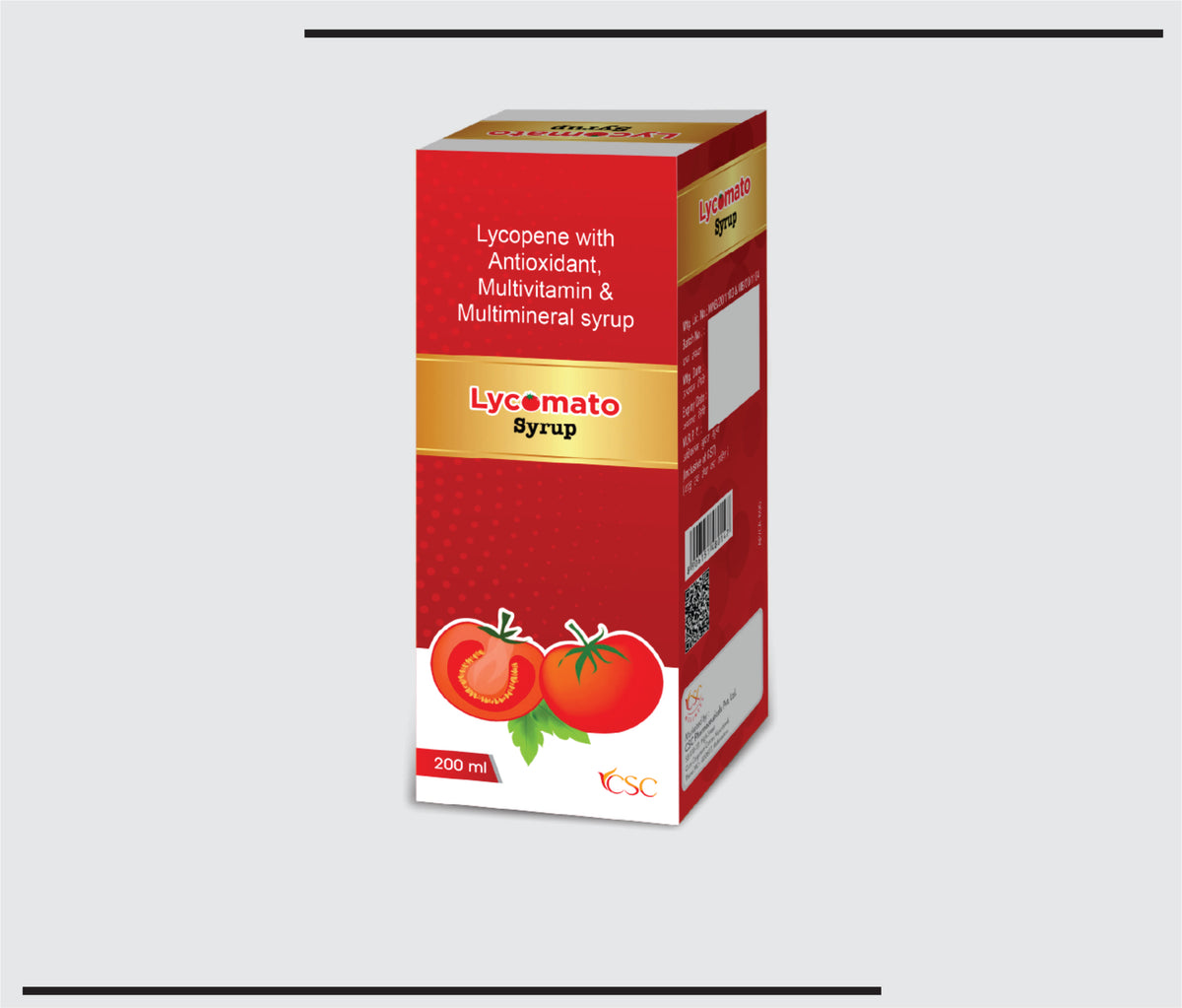 Lycomato  (200ml) Lycopene 6% 1000mcg, Vitamin A 2500 IU, Ascorbic Acid (Vitamin C) 50mg, Vitamin E 10 IU, Selenium 35 mcg, Zinc 3mg, Maganese 2mcg, Iodine 100mcg, Copper 500mcg, Thiamine Hcl 2mg, Riboflavin 3mg & Pyridoxine Hcl 1.5mg by Csc