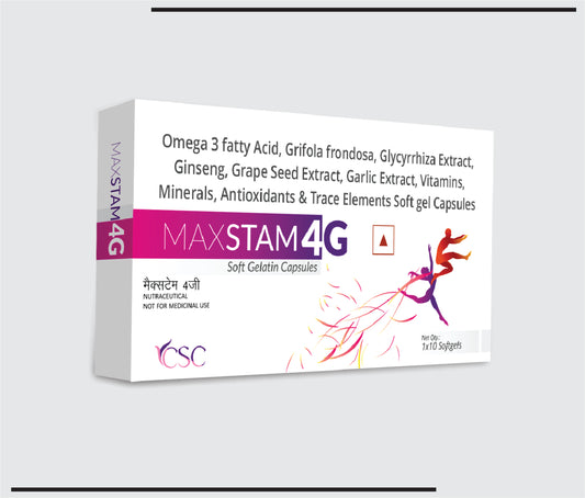 Maxstam-4G (10x1x10) Omega 3 fatty Acid, Grifola Frondosa, Glycyrrhiza Extract, Ginseng, Grape Seed Extract, Garlic Extract, Vitamins, Minerals, Antioxidants & Trace Elements Soft gel Capsules by Csc