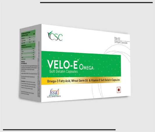 Velo E Omega (10x1x10) Vitamin E + Wheat Germ oil & Omega 3 Fatty Acid Softgel Capsules by Csc