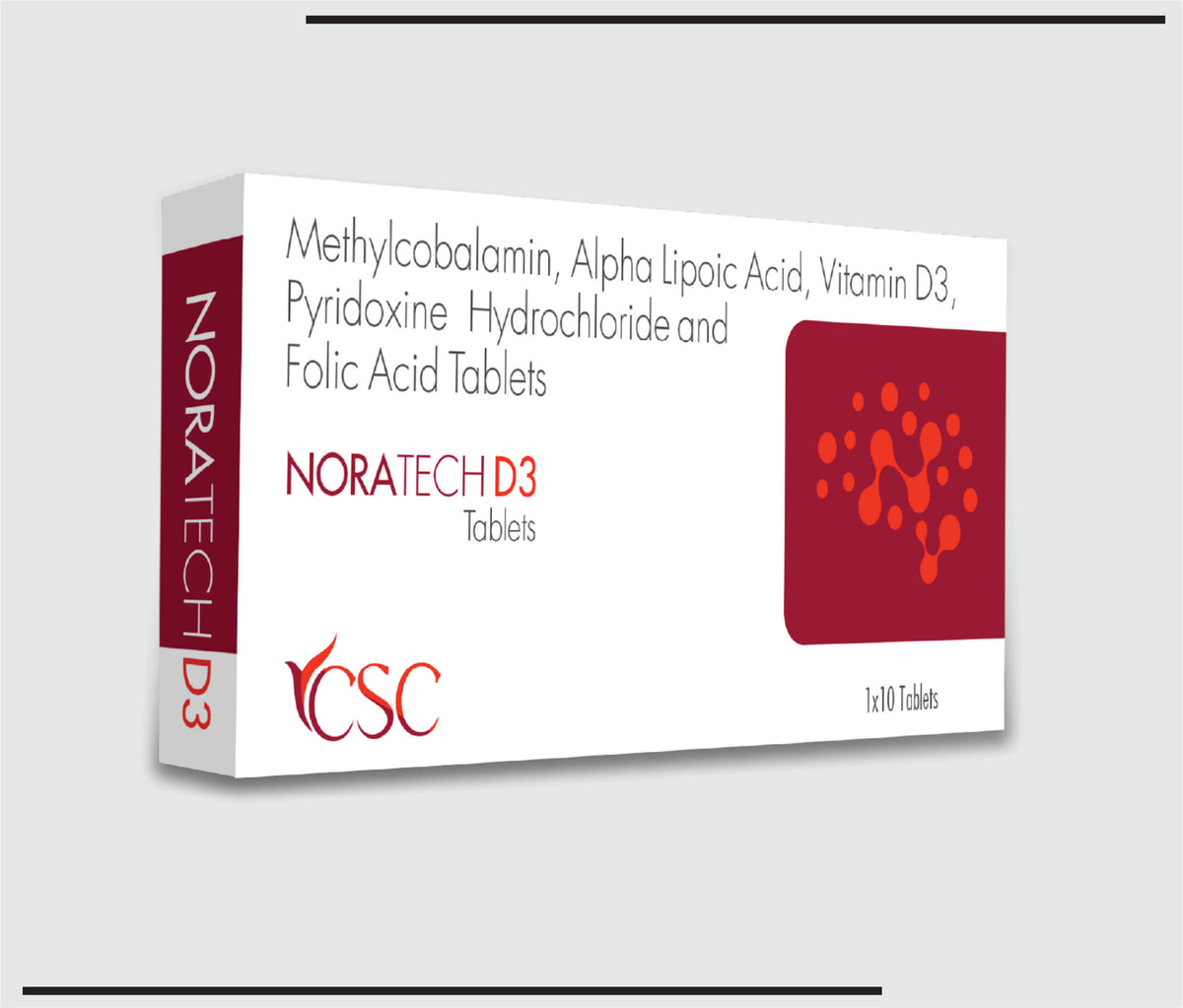 Noratech D3 (10x1x10) Alpha Lipoic Acid 100mg + Pyridoxine Hydrochloride 3mg + Methycobalamin 1500mcg + Folic Acid 1.5mg + Vitamin D3 1000 IU + Nicotinamide 100mg + Nicotinamide 100mg + Chromium 200mcg by Csc
