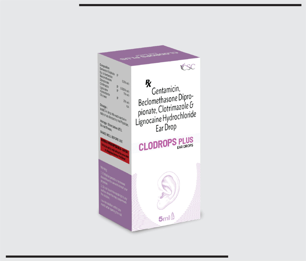 Clodrops Plus  (5 ml) Gentamicin, Beclomethasone Dipropionate,Clotrimazole & Lignocaine Hydrochloride Ear Drop by Csc