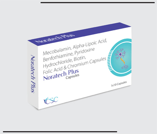 Noratech Plus  (10x1x10) mecobalamin- 1500mcg+vitamin b6 (pyridoxine)- 3mg+folic acid 1.5mg+alpha lipoic acid- 100mg+benfotiamine-50mg+biotin-5mg+chromium picolnate-200mcg caps by Csc