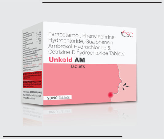 Unkold AM  (20x10) Paracetamol 325mg + Phenylepherine Hydrochloride 5mg + Guaiphensin 50mg + Ambroxol Hydrochloride 15mg + Cetirizine Dihydrochloride 5mg by Csc