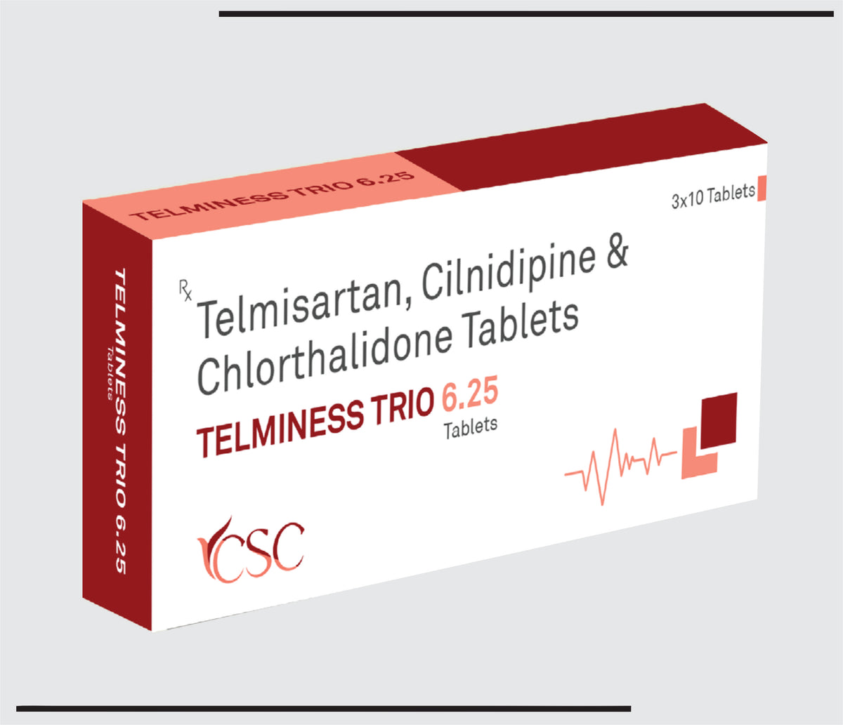 Telminess Trio 6.25 (10X3X10) Telmisartan- 40mg+Cilinidipine- 10mg+Chlorthalidone- 6.25mg  by Csc