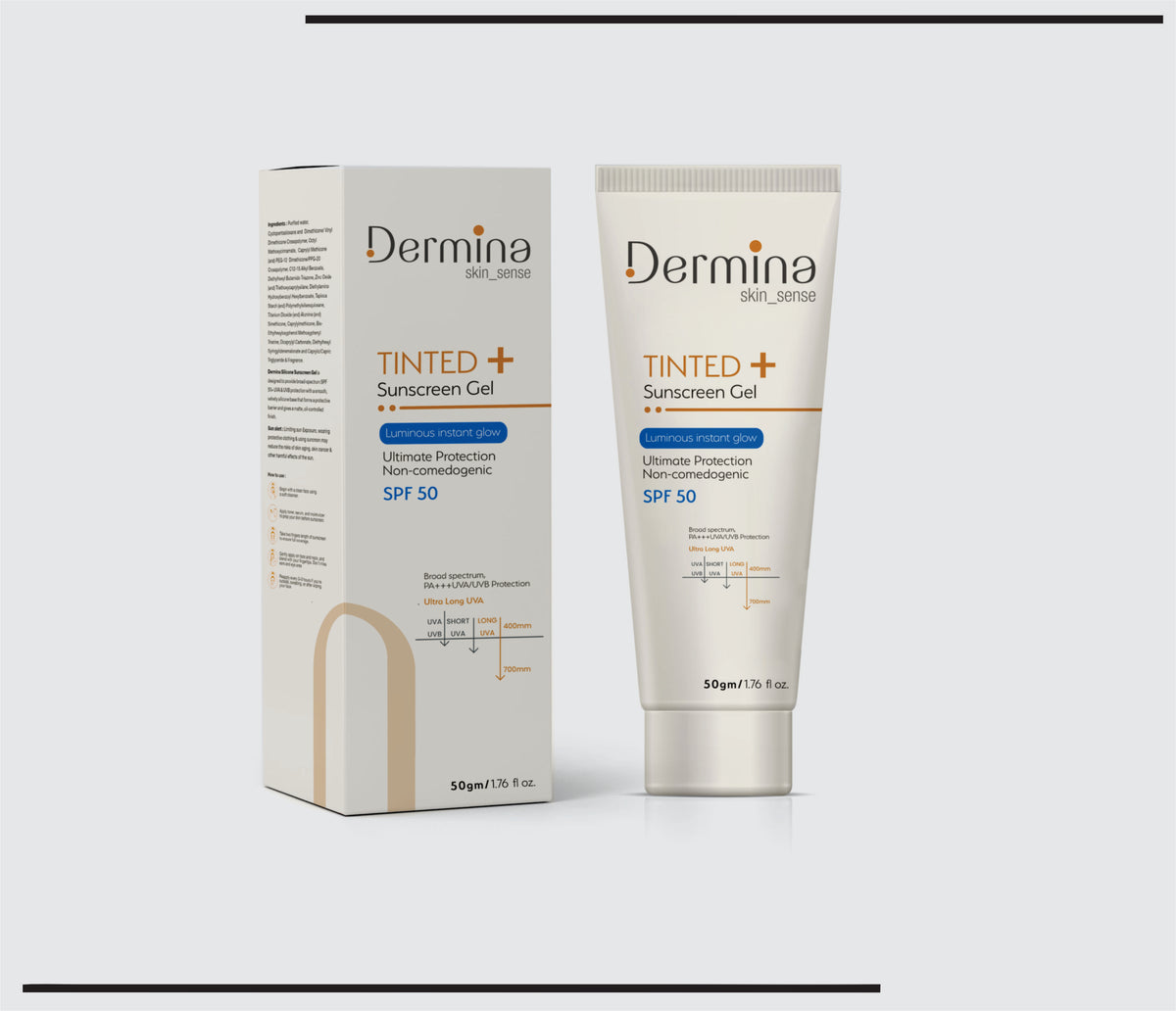 Tinted + SPF 50 Sunscreen Gel (50 gm)  Dermina Tinted+Sunscreen SPF 50- suncare 365 Tint by Csc